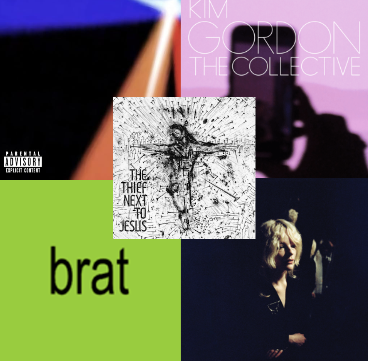 Collage of several album covers: DORIS' Ultimate Love Songs Collection, Kim Gordon's The Collective, Charli XCX's Brat, Jessica Pratt's Here in the Pitch and KA's The Thief Next To Jesus.